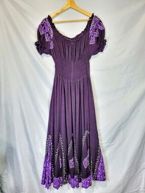 Embroidered Batik Floral Motif Smocked Waist Peasant, GypsyCore, Boho Maxi Dress